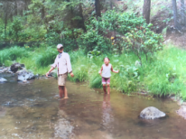 Little sister and I splashing in river in the Gila Mountains